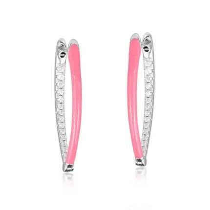 Pink Enamel and Crystal Accented Sterling Silver Hoop Earrings
