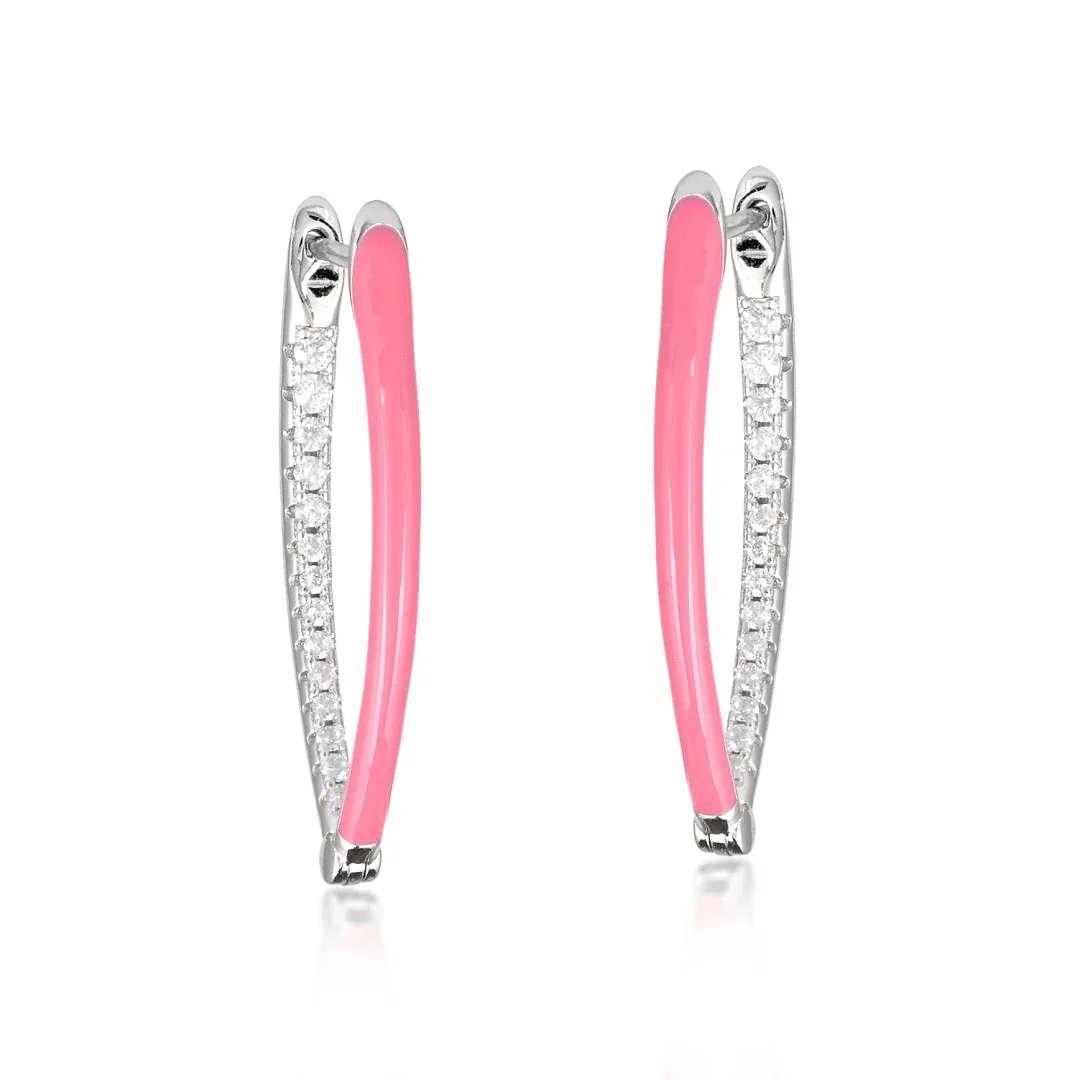 DCS_7372.webp Pink Enamel and Crystal Accented Sterling Silver Hoop Earrings - Image 1