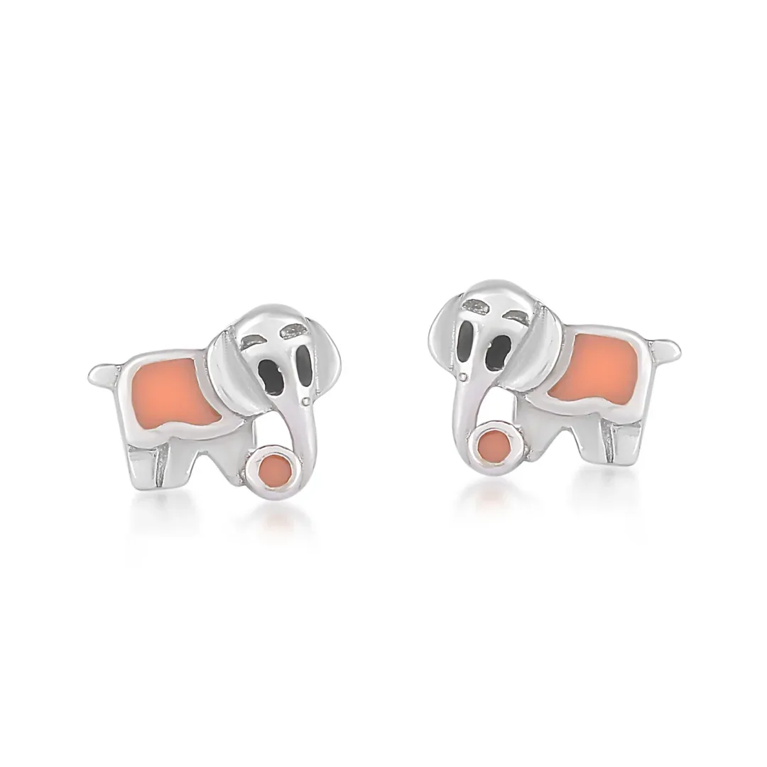 DCS_7511.webp Elephant Silver Stud Earrings with Orange Enamel - Image 1