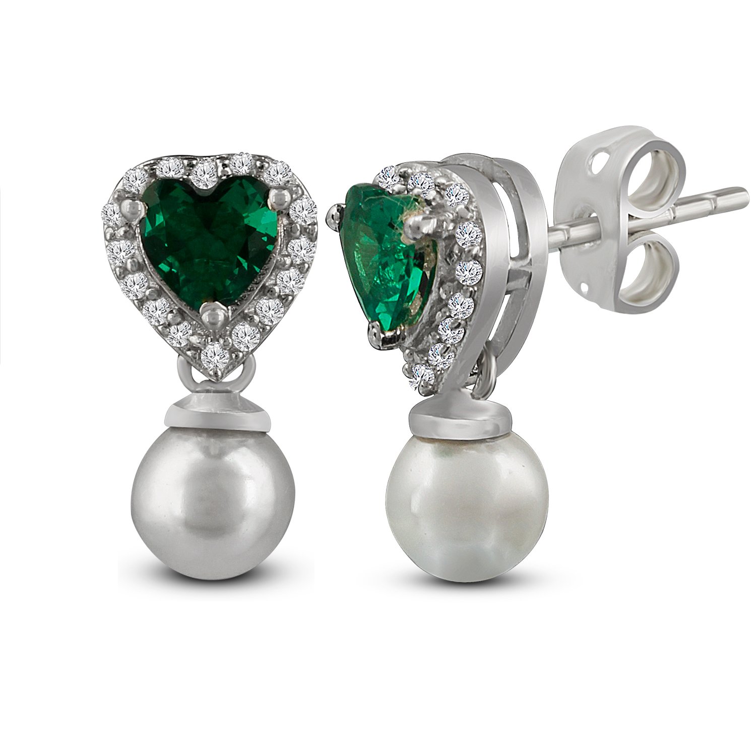 ER840-SP-WHITE-CZ-GREEN-CZ-PEARL-1.jpg Heart Shaped Silver Plated Drop Earring - Image 1
