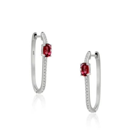 Ruby and Diamond Hoop Silver Earrings with Rose Red Accents