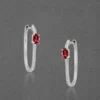Ruby and Diamond Hoop Silver Earrings with Rose Red Accents - Image 2