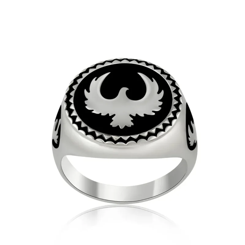 Black Enamel Eagle Silver Mens Ring