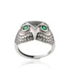 Sterling Silver Owl Ring with Green Gemstone Eyes - Intricately Designed Statement Jewelry