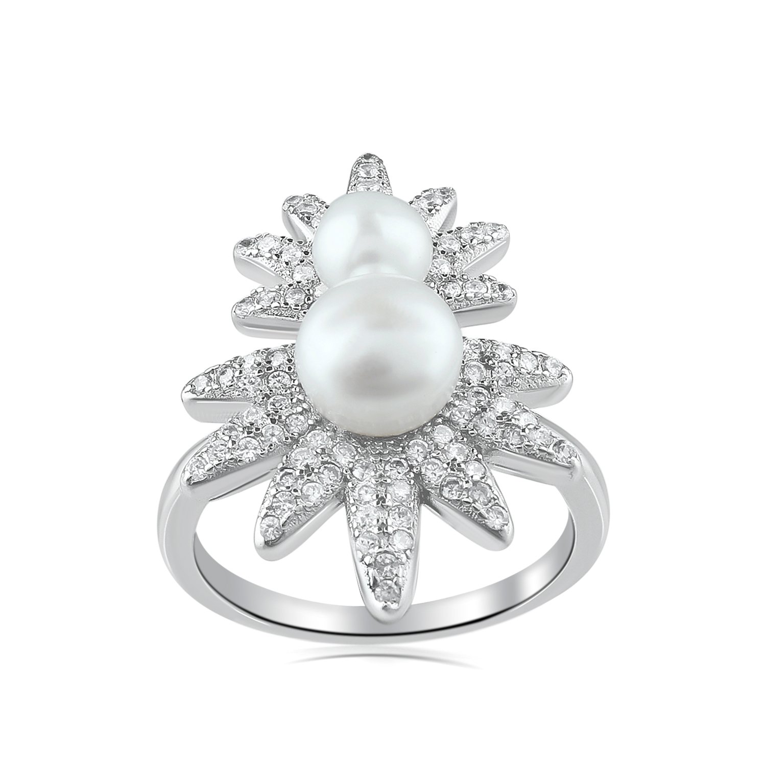 R1110-SP-WHITE-CZ-1.jpg Round Pearl with American Diamond Stone Ring For Women's - Image 1