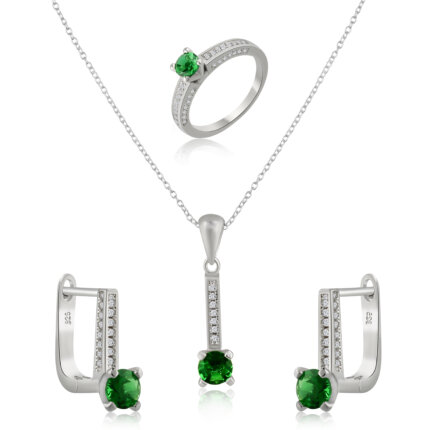 Emerald Silver Set Necklace, Earrings and Ring for Her