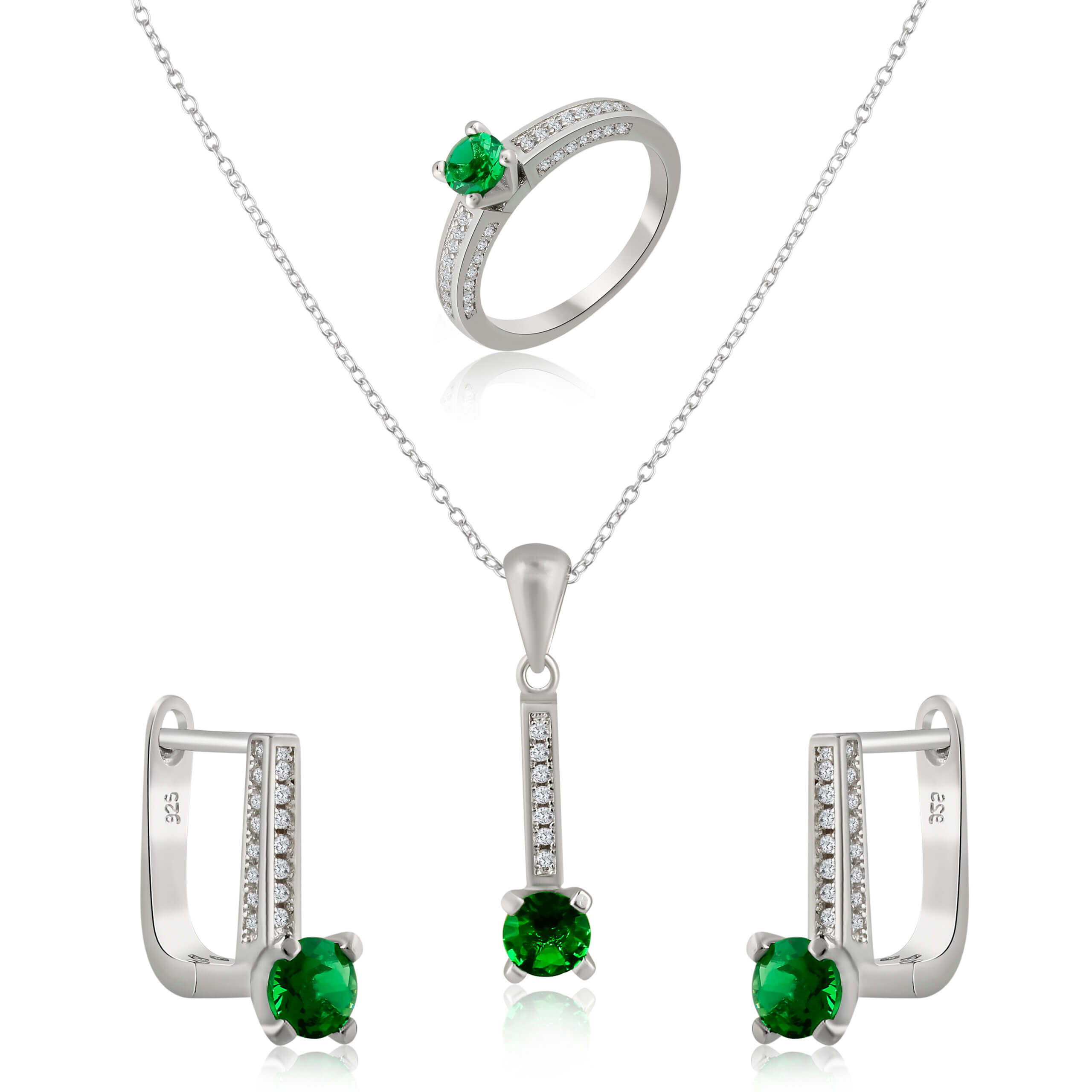 SET50 SP GREEN CZ (13) copy Emerald Silver Set Necklace, Earrings and Ring for Her
