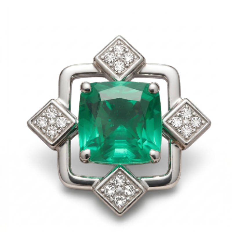 Emerald Brooch Silver Rhodium May Birthstone