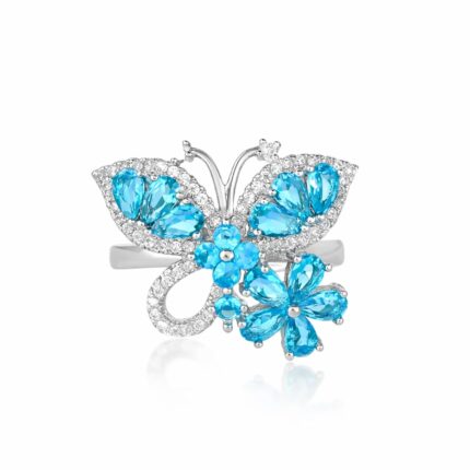Elegant Blue Topaz and American Diamond Floral Butterfly Ring